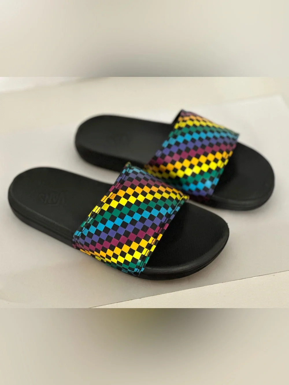 VANS | Cushy Black Slide Sandals with Rainbow Checkerboard Strap | Size 3 Y